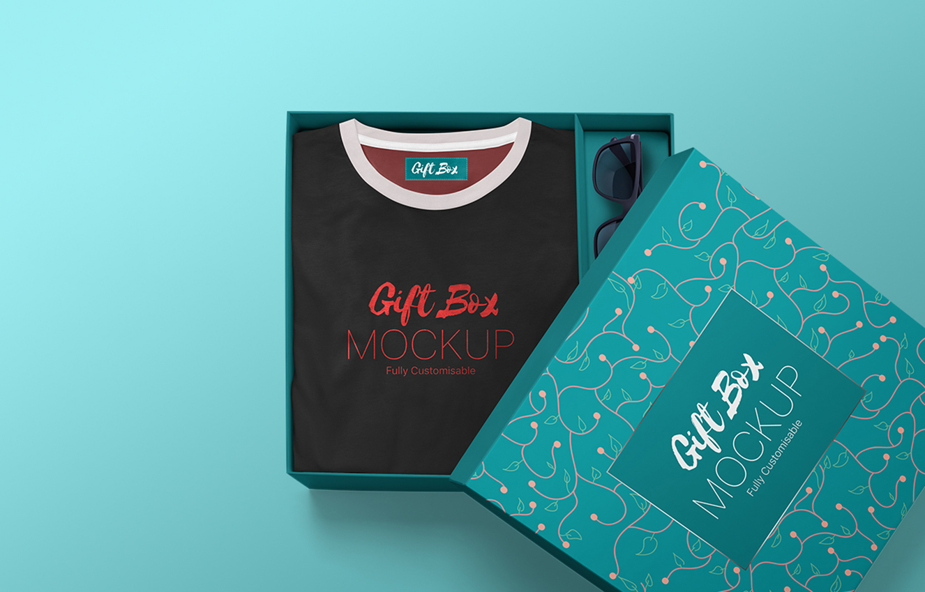 带礼盒包装的T恤样机插图