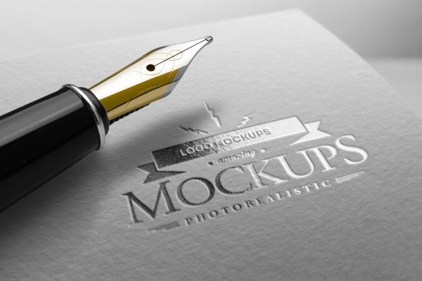 带钢笔的白纸烫银LOGO样机
