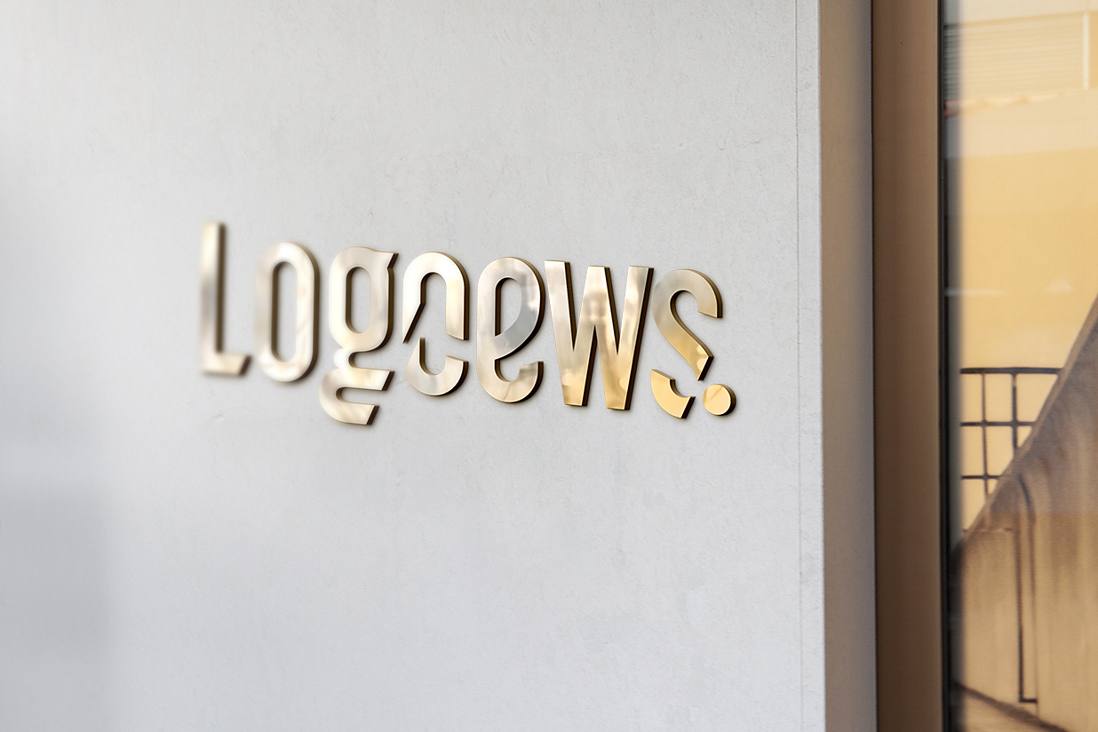 光影质感白墙金色金属立体LOGO样机插图