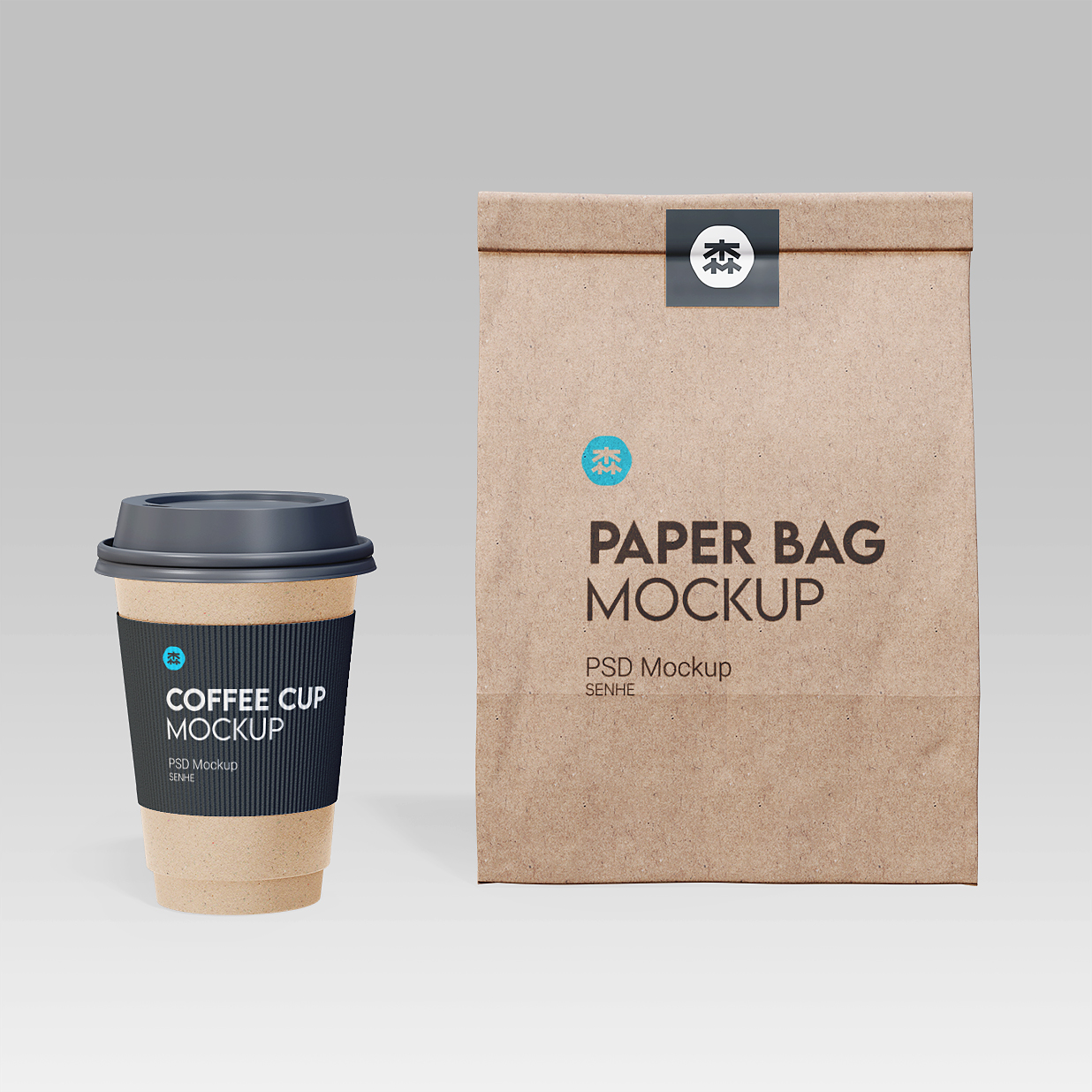 咖啡杯与牛皮纸自立袋食品袋样机3组插图