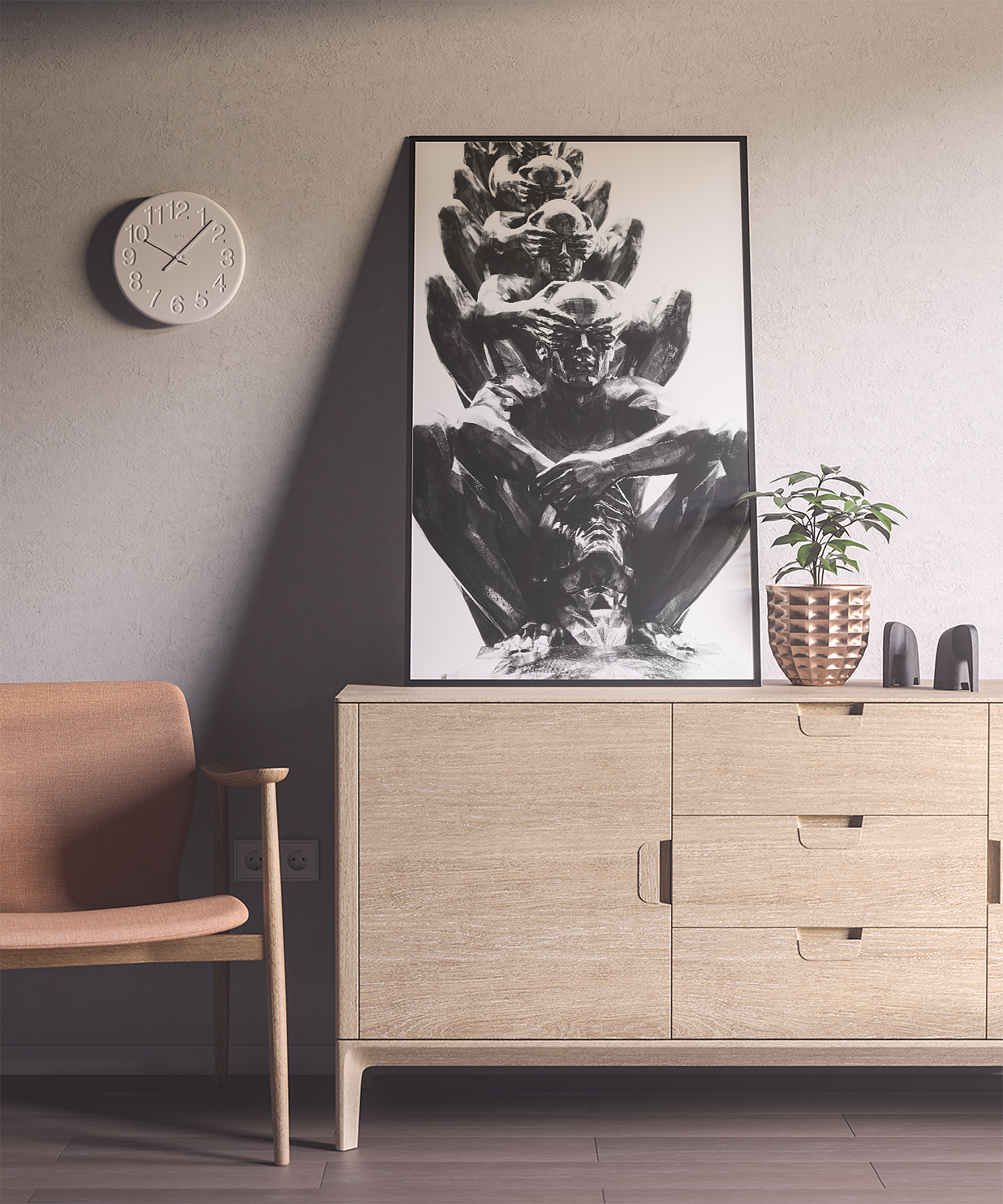 餐具柜上带框架装饰画海报样机插图