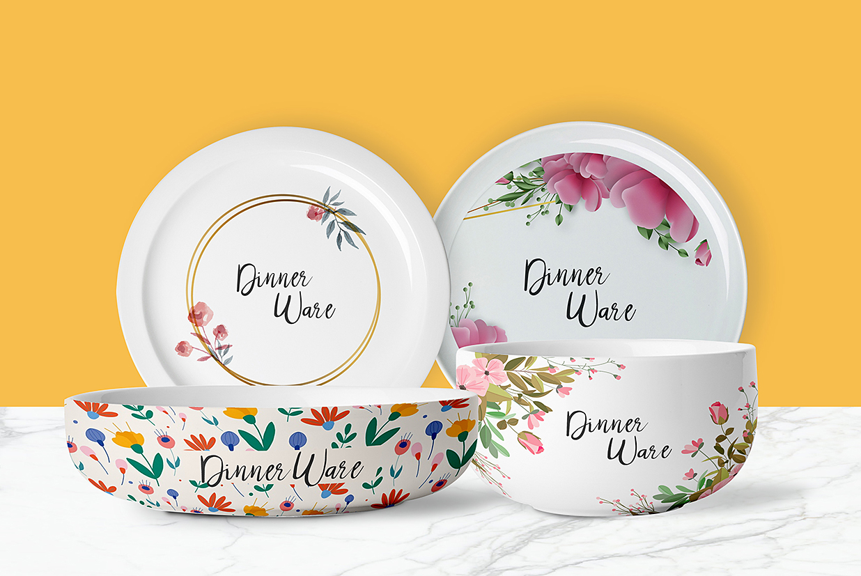 带印花图案的陶瓷碗盘子样机插图