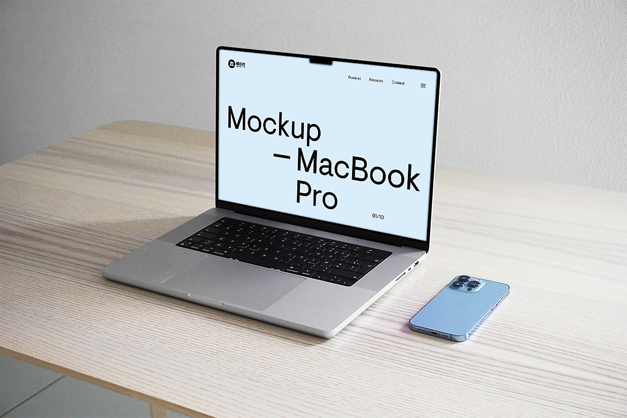 带iPhone手机场景的MacBook Pro样机插图