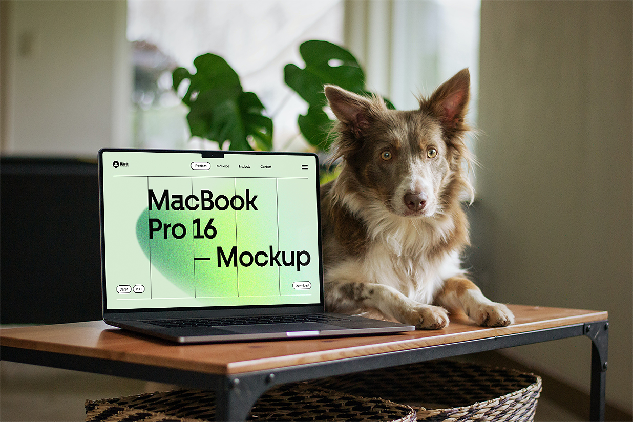 带狗狗在桌上的MacBook Pro样机插图