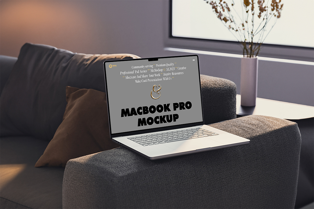 阳光沙发上的MacBook Pro样机插图