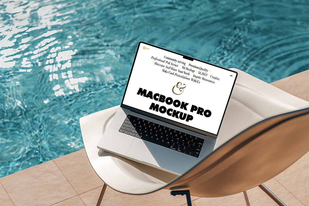 泳池边椅子上的MacBook Pro样机插图