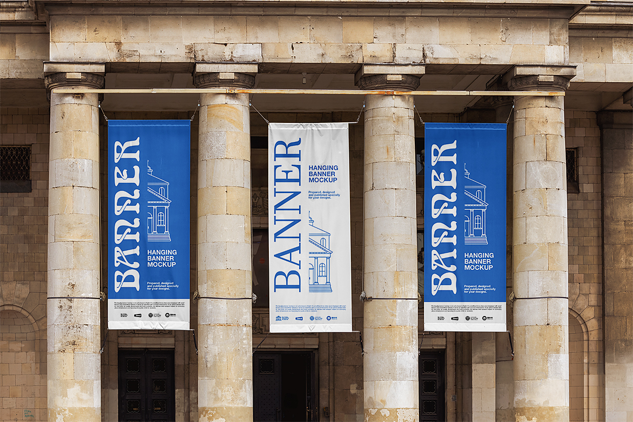 悬挂在建筑上的吊旗挂旗广告旗样机Mockup插图