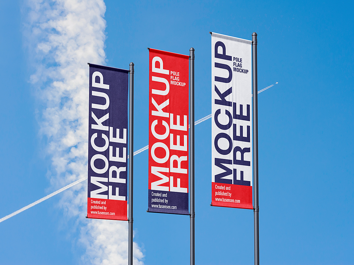 带天空背景的道旗广告旗旗帜样机mockup3组插图2
