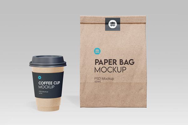 咖啡杯与牛皮纸自立袋食品袋样机3组