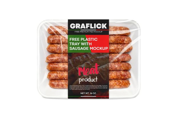 带塑料托盘的香肠肉肠样机