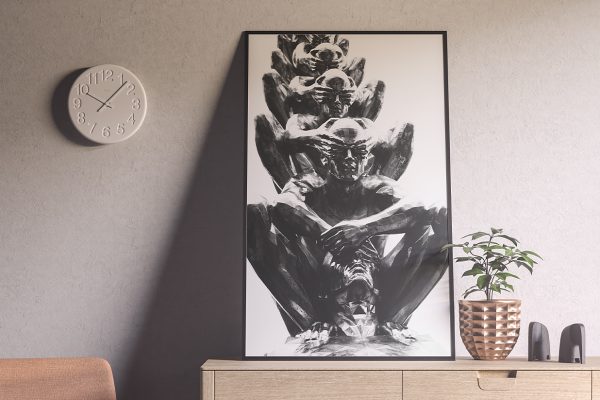 餐具柜上带框架装饰画海报样机