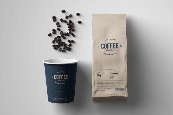 精致咖啡豆牛皮纸自立袋和一次性纸杯样机7组