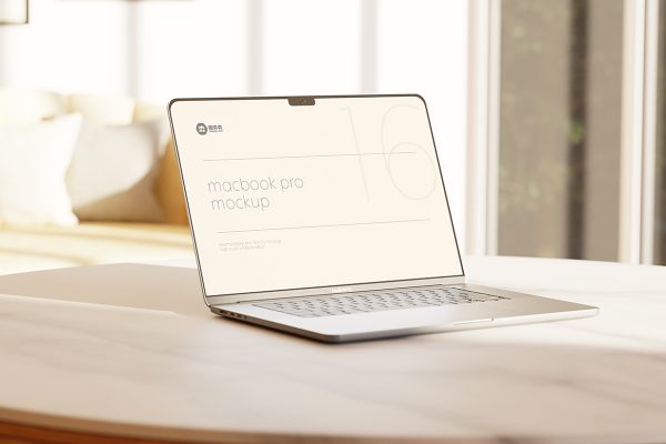 在圆桌上的Macbook Pro样机3组