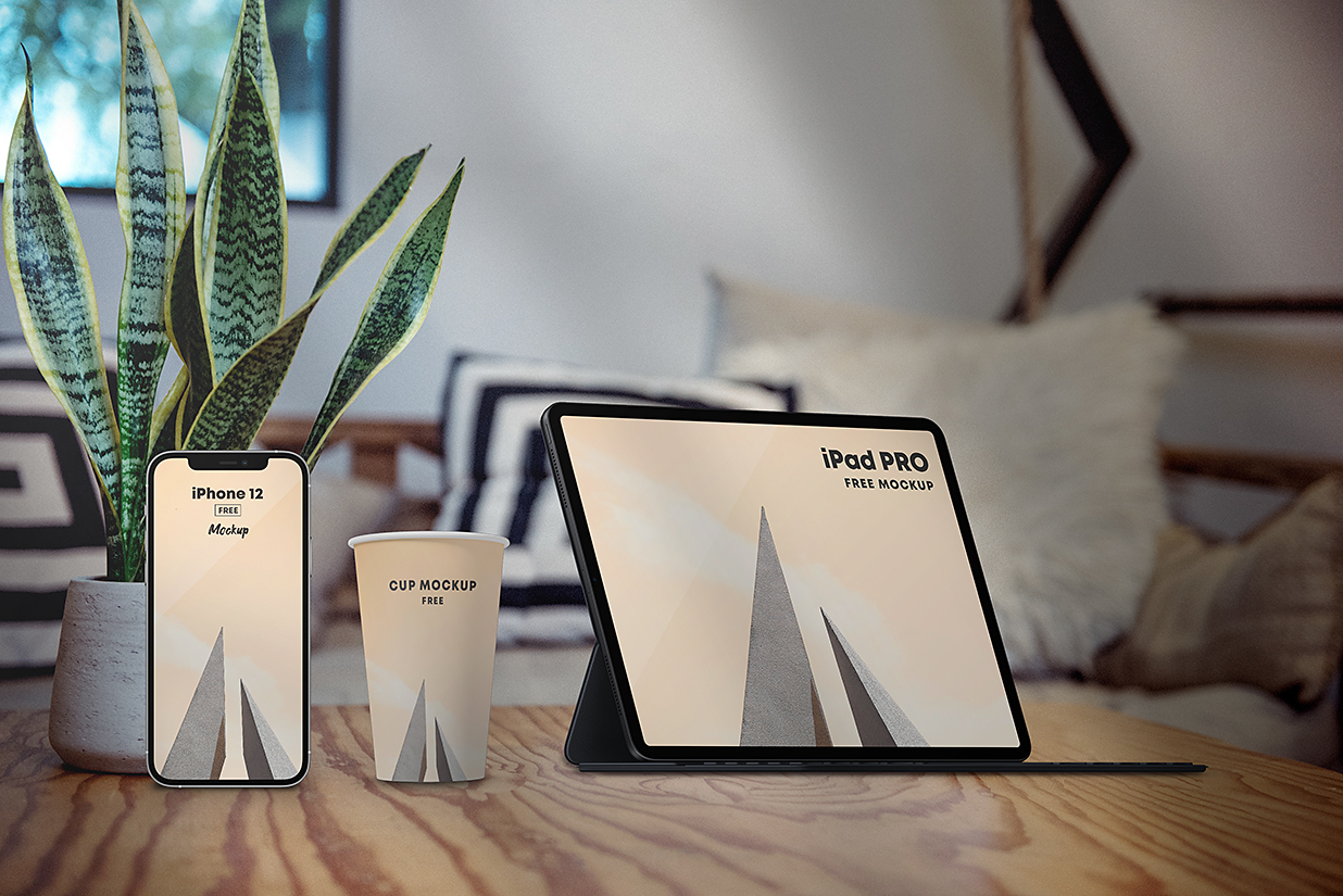 带iPhone 与纸杯的iPad Pro 平板样机mockup插图