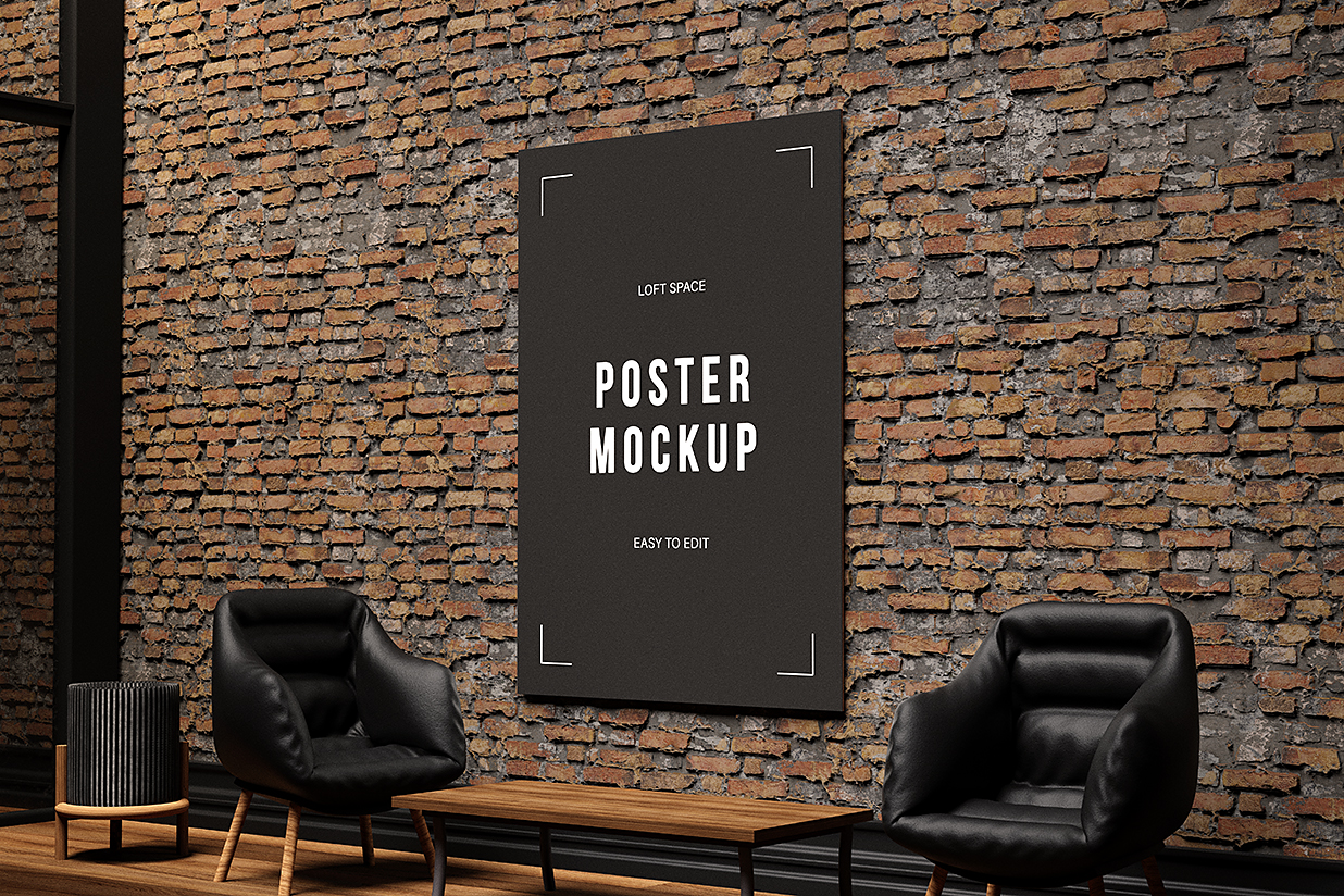 带墙面背景的室内广告牌海报样机mockup插图