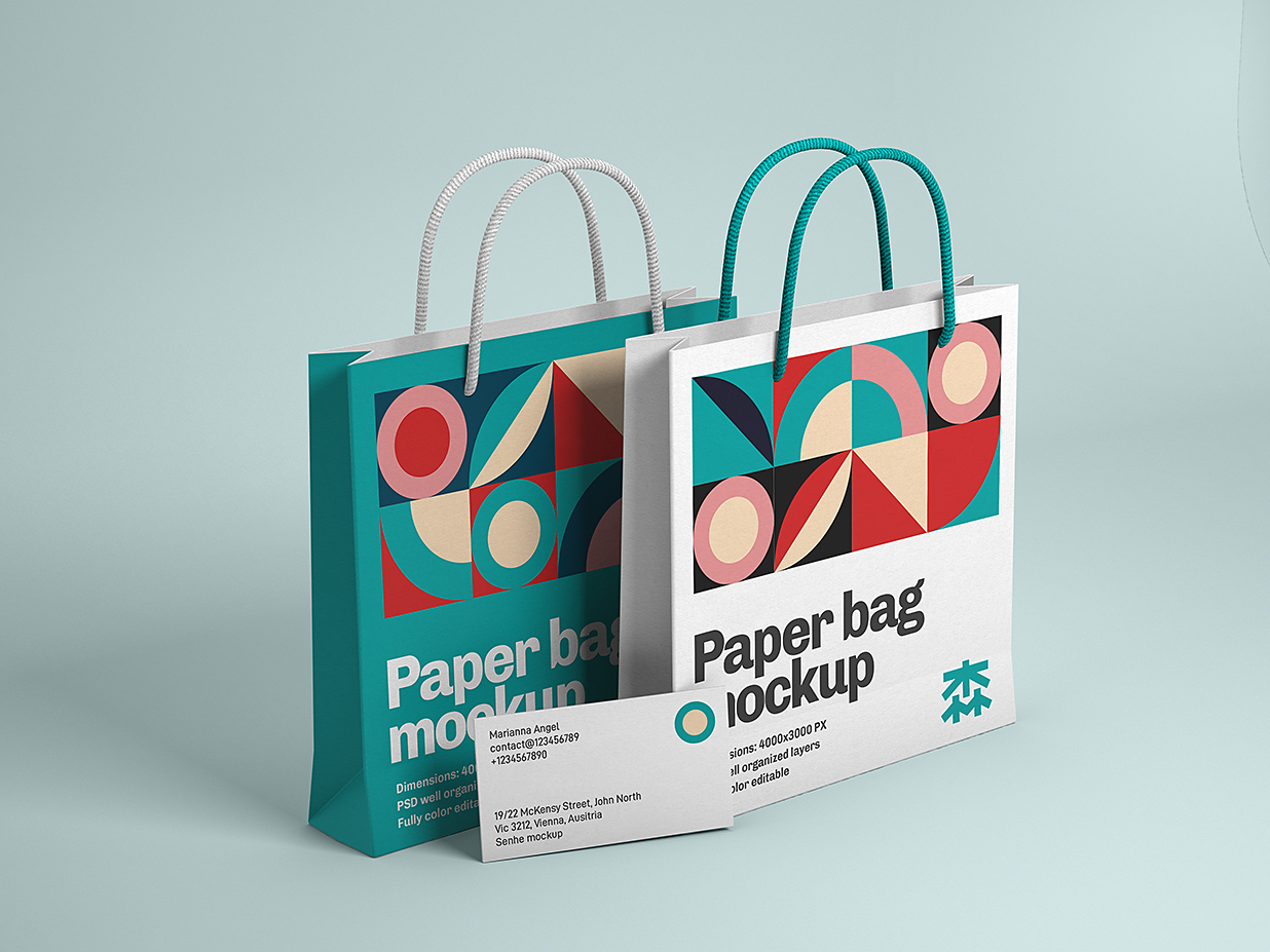 带名片的手提袋纸袋购物袋样机mockup2组插图