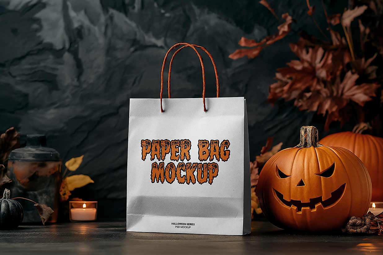 带万圣节场景的手提袋纸袋购物袋样机mockup插图
