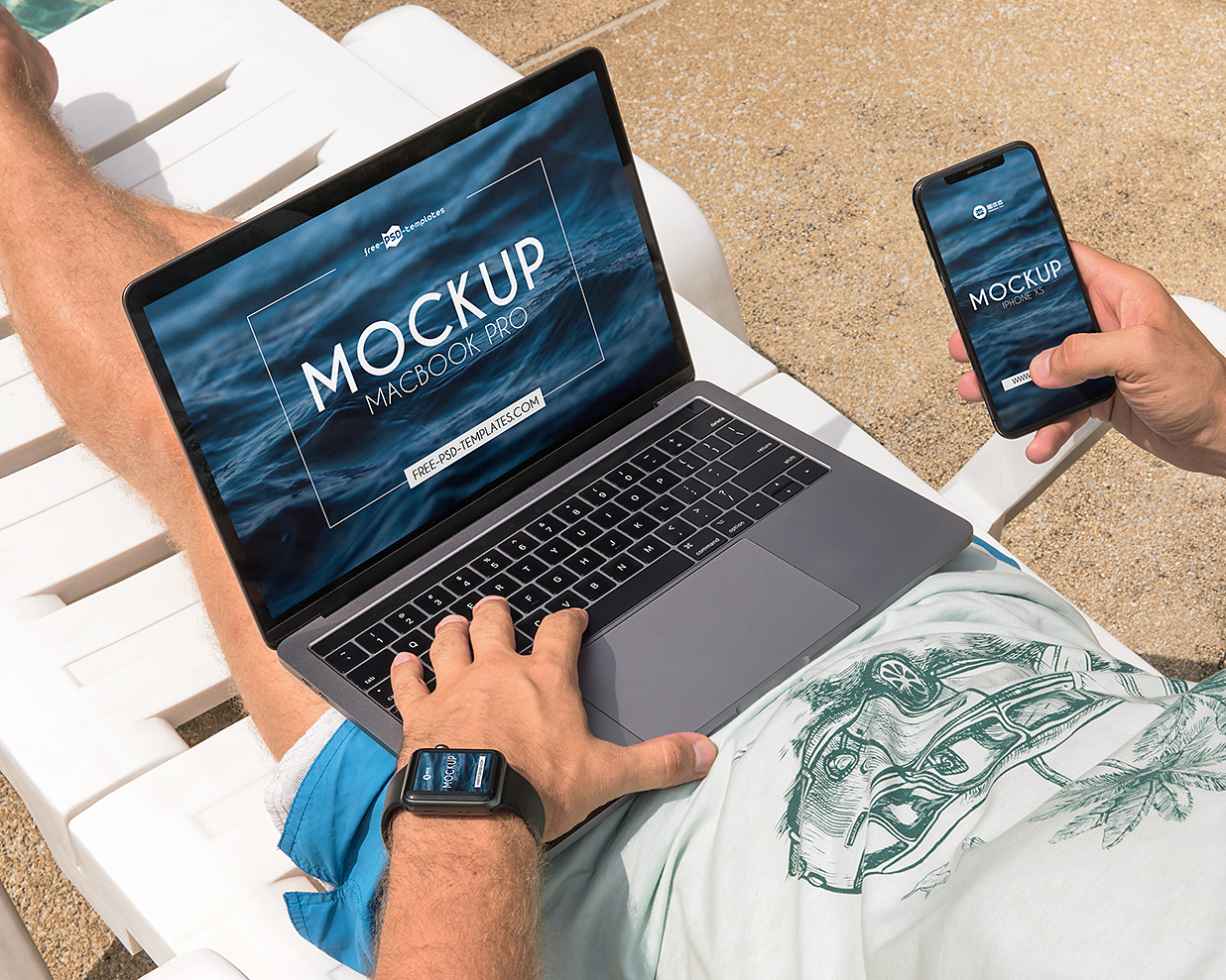 MacBook Pro、iPhone XS和Apple Watch户外场景样机mockup3组插图1