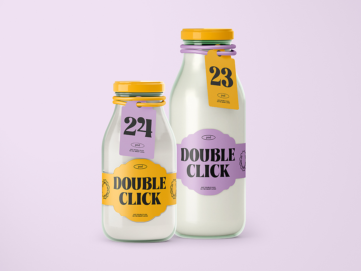 带标签的牛奶瓶玻璃瓶样机mockup3组插图2