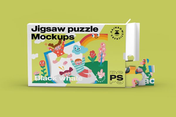 带包装盒的拼图样机mockup