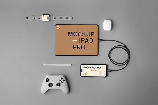 带手表耳机游戏手柄的iPad 平板样机mockup