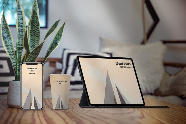 带iPhone 与纸杯的iPad Pro 平板样机mockup