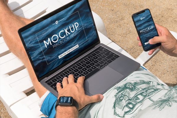 MacBook Pro、iPhone XS和Apple Watch户外场景样机mockup3组