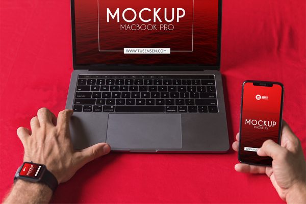 桌上MacBook Pro电脑、iPhone XS手机、Apple Watch手表样机mockup3组