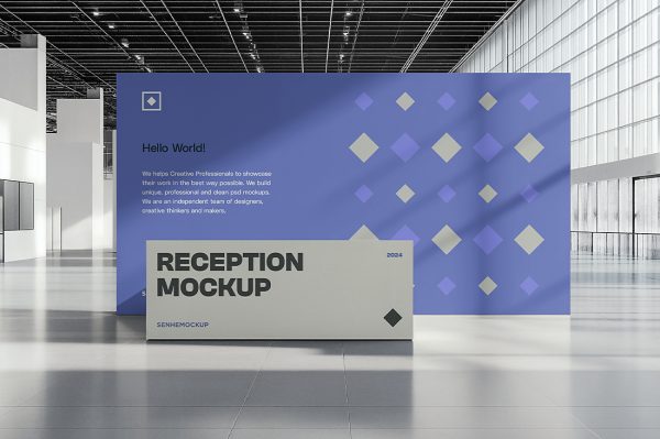 带背景板的接待台签到台样机 mockup