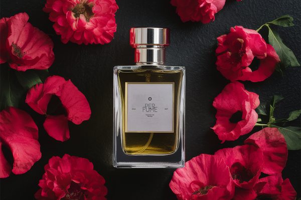 带花瓣场景的香水样机mockup