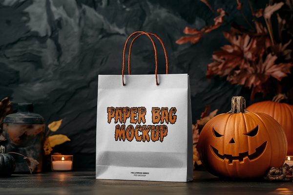 带万圣节场景的手提袋纸袋购物袋样机mockup