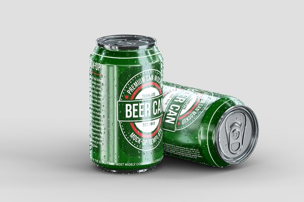 带水滴的易拉罐饮料罐啤酒罐苏打水罐包装样机mockup