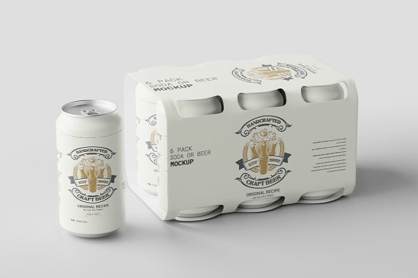 纸质提篮包装易拉罐饮料罐啤酒罐苏打水罐样机mockup4组
