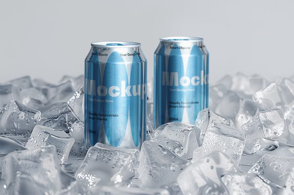 带冰块场景的易拉罐饮料罐啤酒罐苏打水罐包装样机mockup