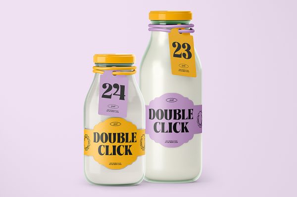 带标签的牛奶瓶玻璃瓶样机mockup3组