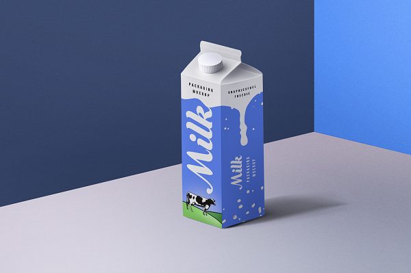 带墙面背景的屋顶果汁盒牛奶盒包装样机mockup