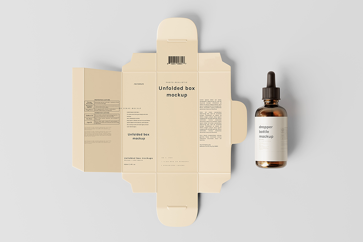 展开的盒子和滴管瓶精华精油瓶样机mockup8组插图1