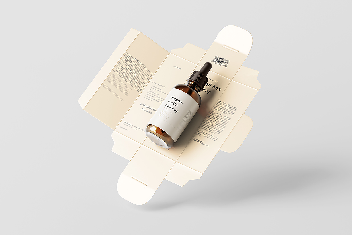 展开的盒子和滴管瓶精华精油瓶样机mockup8组插图4
