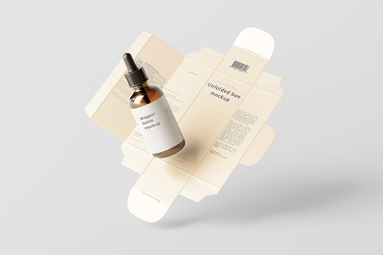 展开的盒子和滴管瓶精华精油瓶样机mockup8组插图5