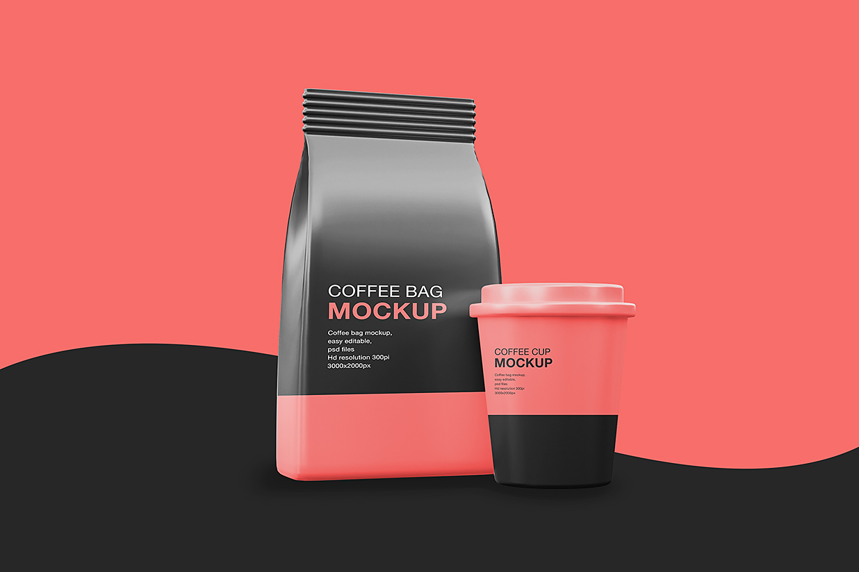 带咖啡杯的自立袋自封袋咖啡袋样机mockup插图