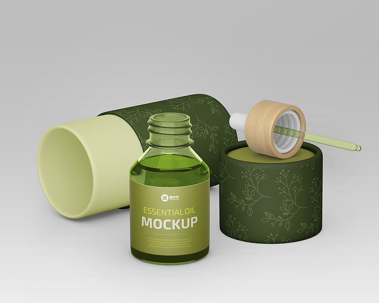 精油精华瓶和纸筒包装样机mockup2组插图