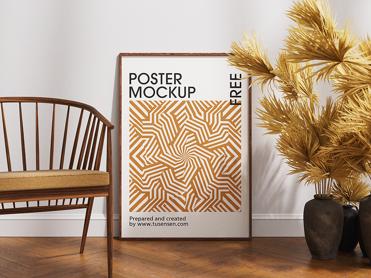 地板上带框架的装饰画海报样机mockup3组插图1