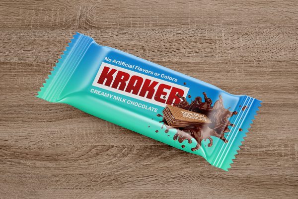 放在木地板的小袋零食包装样机mockup