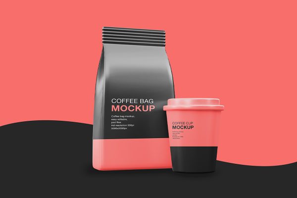 带咖啡杯的自立袋自封袋咖啡袋样机mockup