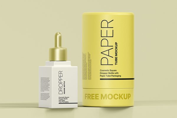 带纸筒包装的方形化妆品滴管瓶样机mockup