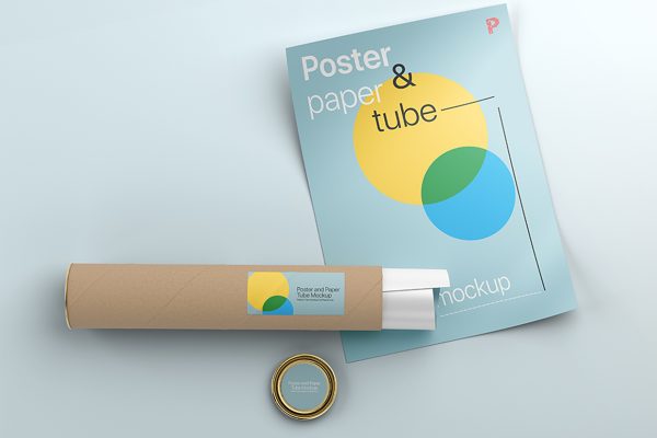 带有纸筒及其盖子的海报样机