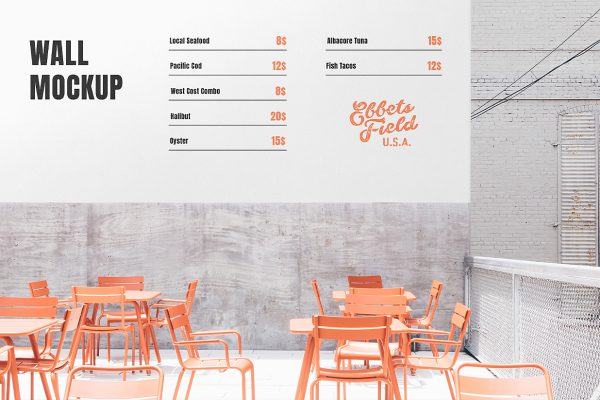 户外餐厅墙面广告样机mockup