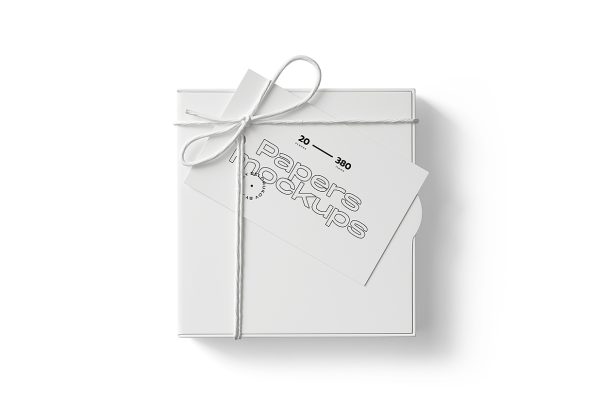 带绳结和吊牌的纸质礼品盒礼盒包装样机mockup