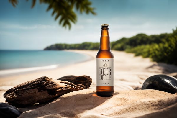 带沙滩场景的啤酒瓶包装样机mockup