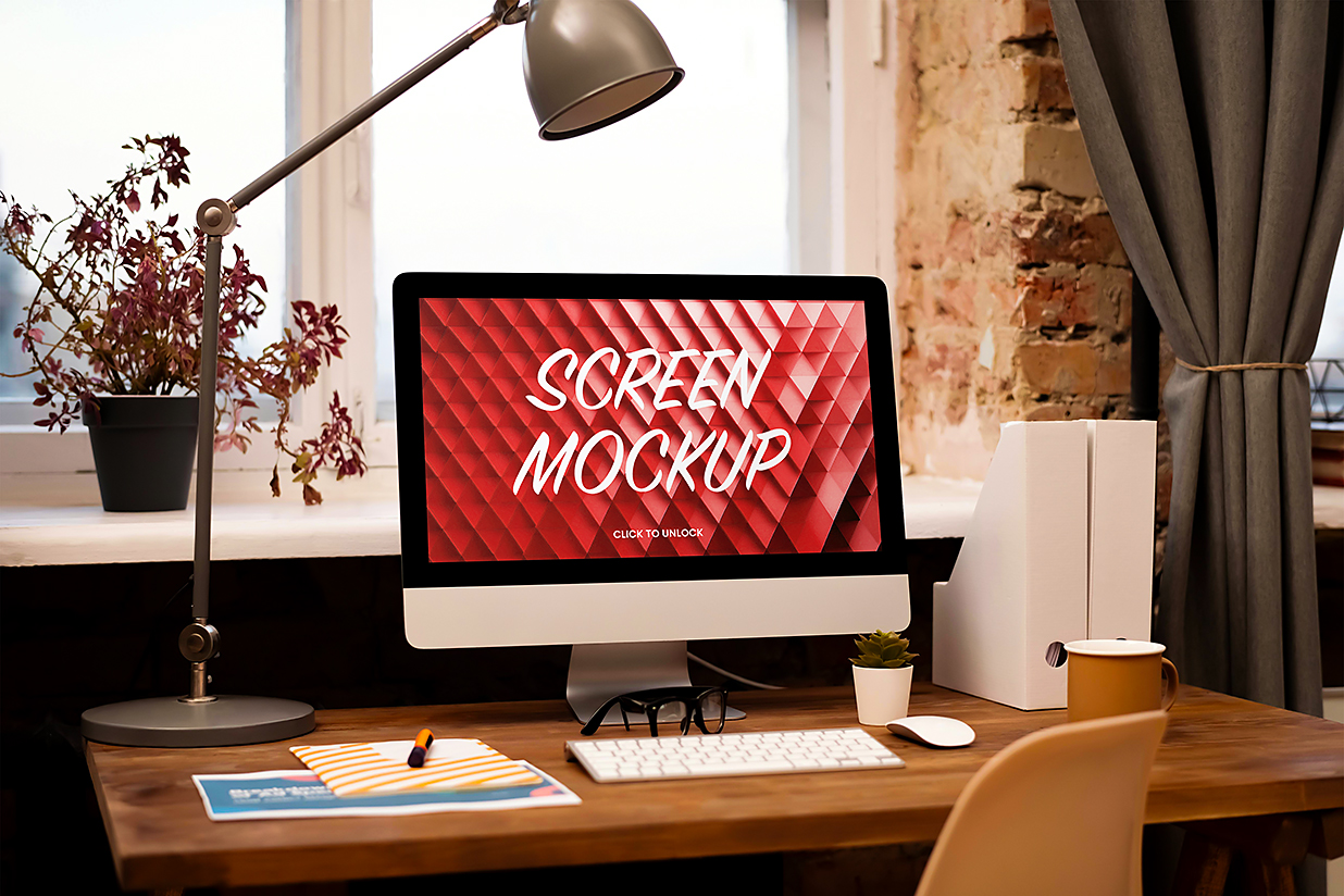 放在木桌上的iMac样机mockup插图